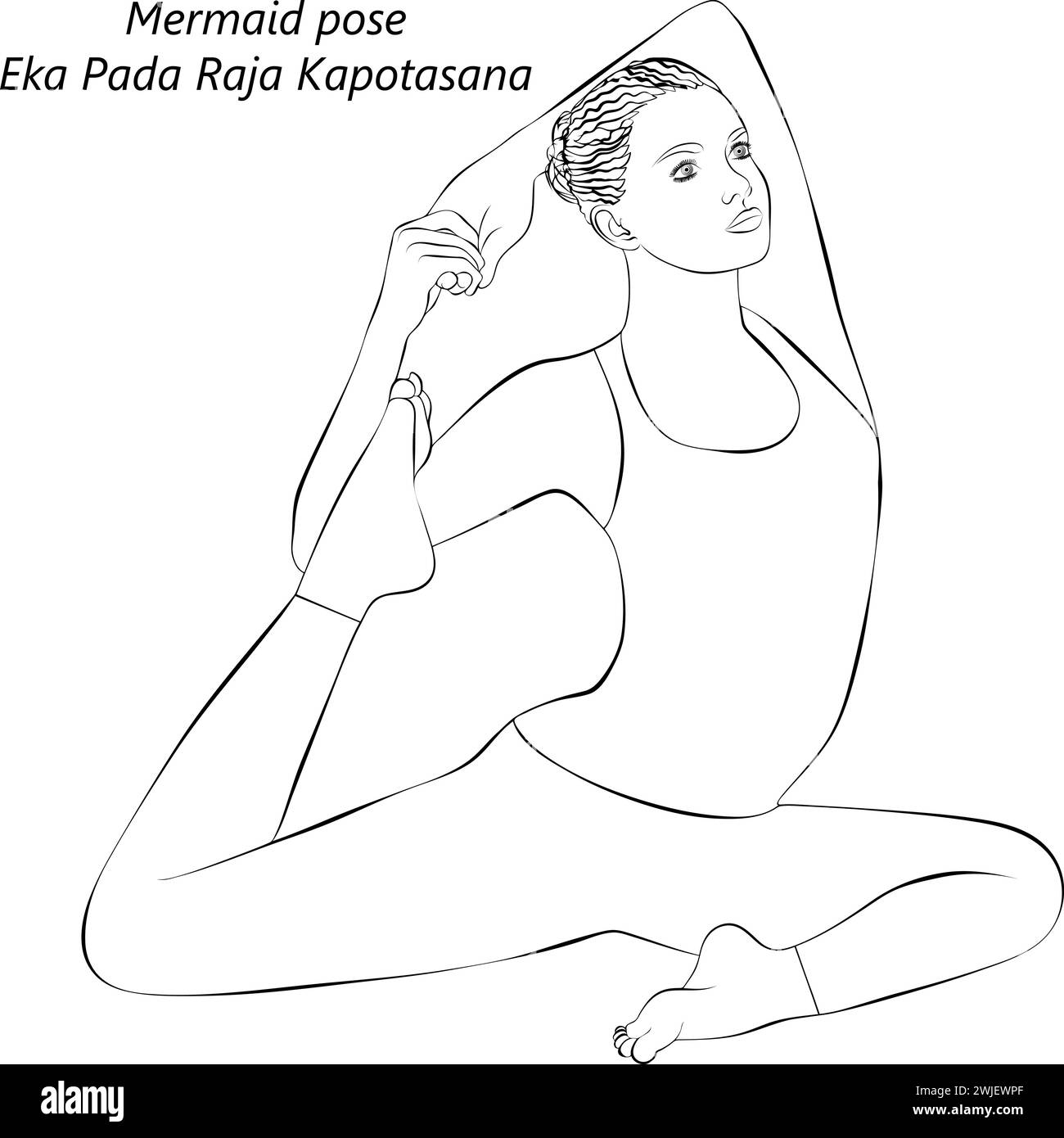 Schizzo di una donna che fa yoga Eka Pada Raja Kapotasana. Posa della sirena. Difficoltà intermedia. Illustrazione vettoriale isolata. Illustrazione Vettoriale