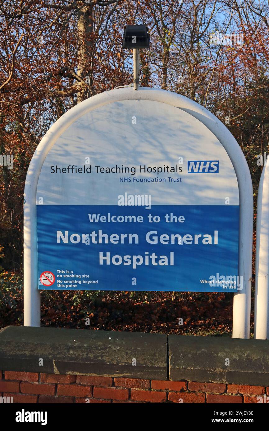 Cartello all'ingresso del Northern General Hospital, Sheffield Foto Stock