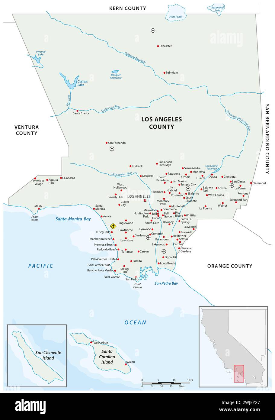Mappa vettoriale della contea di Los Angeles, California, Stati Uniti Foto Stock
