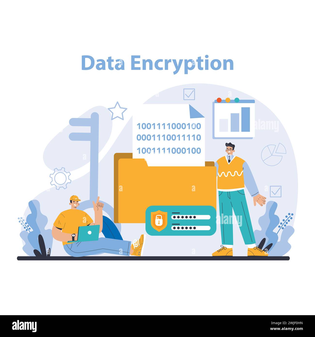 Informazioni sulla crittografia dei dati. Presentazione di protocolli di sicurezza all'avanguardia per i dati digitali. Metodi di crittografia avanzati per la protezione delle informazioni. Illustrazione vettoriale piatta. Illustrazione Vettoriale