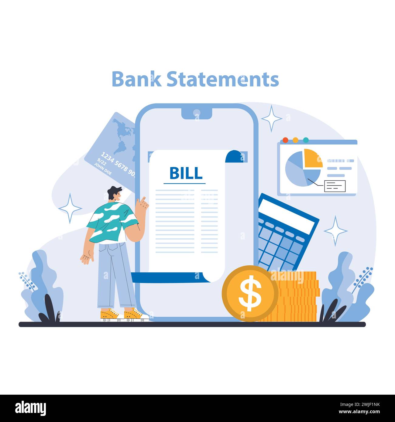 Concetto di estratti conto bancari. Panoramica finanziaria dettagliata con estratti conto bancari digitali. Facile monitoraggio delle spese e dei ricavi. Illustrazione vettoriale piatta. Illustrazione Vettoriale