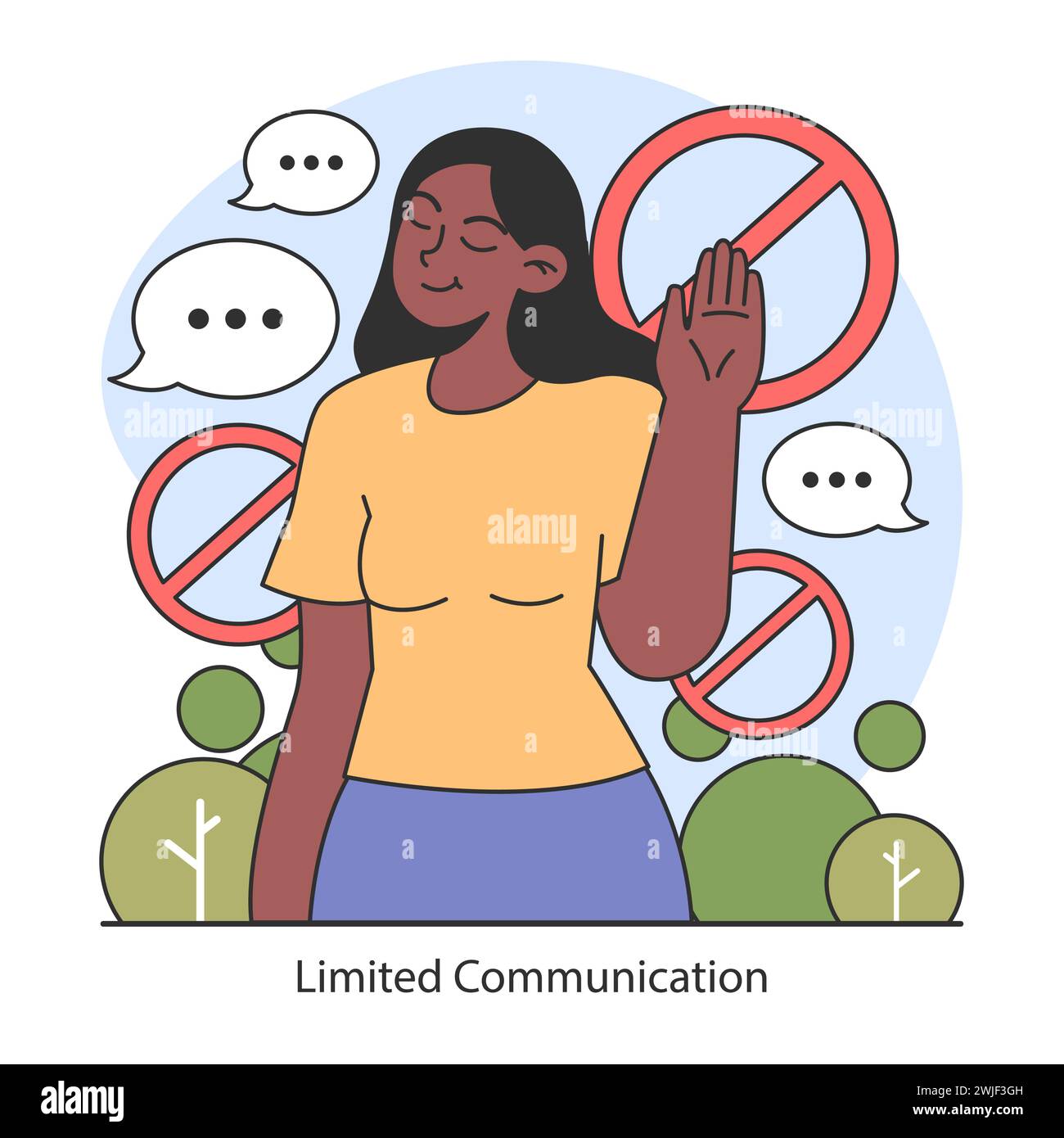 Concetto di digiuno dopamina. Illustrazione di una donna che gestiva "no" a una comunicazione eccessiva, promuovendo un'interazione mirata e consapevole. Illustrazione vettoriale piatta. Illustrazione Vettoriale