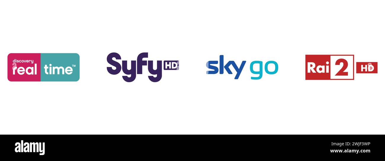 Syfy HD, Sky Go, Rai 2 HD, Discovery Real Time . Collezione di logo vettoriali editoriali. Illustrazione Vettoriale