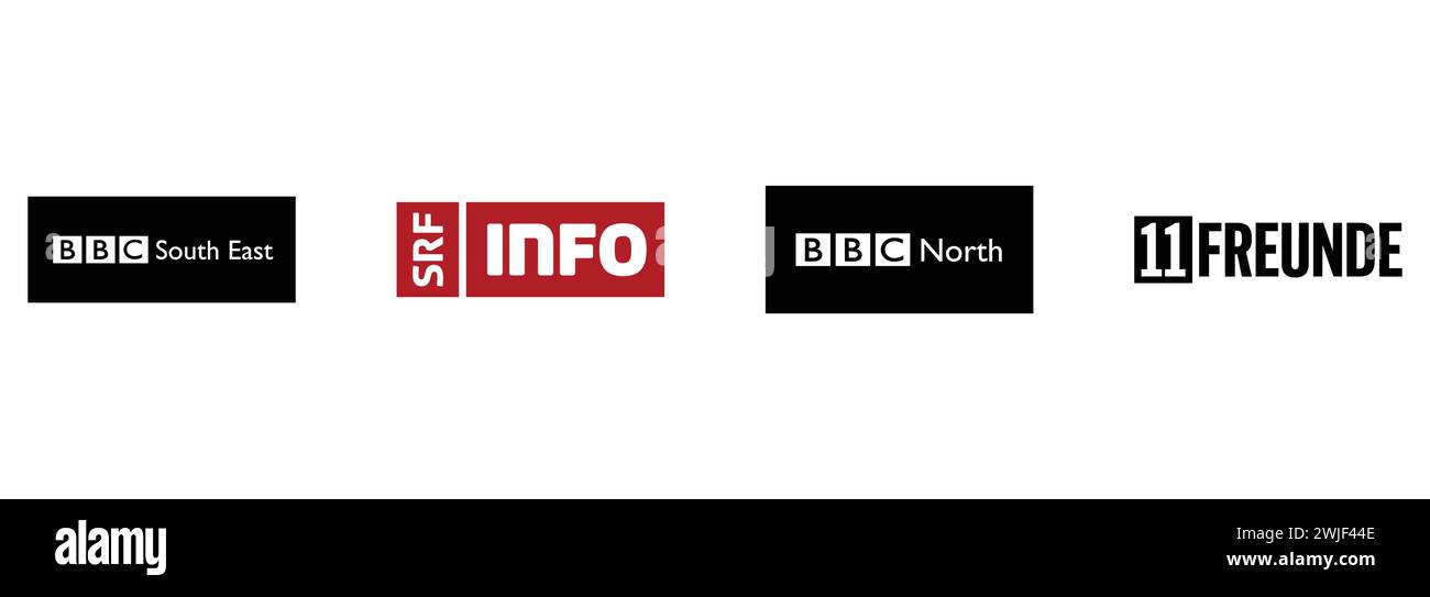 SRF Info, 11Freunde, BBC Region South East, BBC Region North. Collezione di logo vettoriali editoriali. Illustrazione Vettoriale