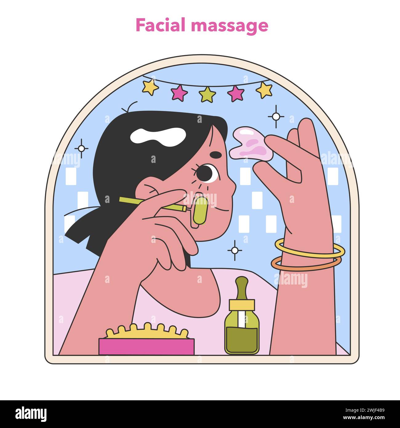 Illustrazione degli elementi essenziali per il massaggio facciale. Una guida visiva dettagliata per la cura di sé del viso con strumenti e oli di bellezza, che racchiudono un'esperienza simile a una spa a casa. Illustrazione vettoriale piatta Illustrazione Vettoriale