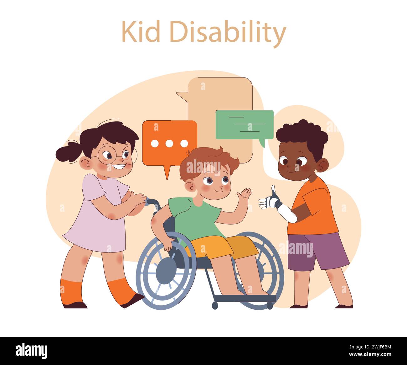 Concetto di disabilità dei bambini. Bambini con varie abilità che si impegnano in conversazione, evidenziando inclusività e amicizia. Unità nella diversità, emancipazione attraverso l'accettazione. Illustrazione Vettoriale