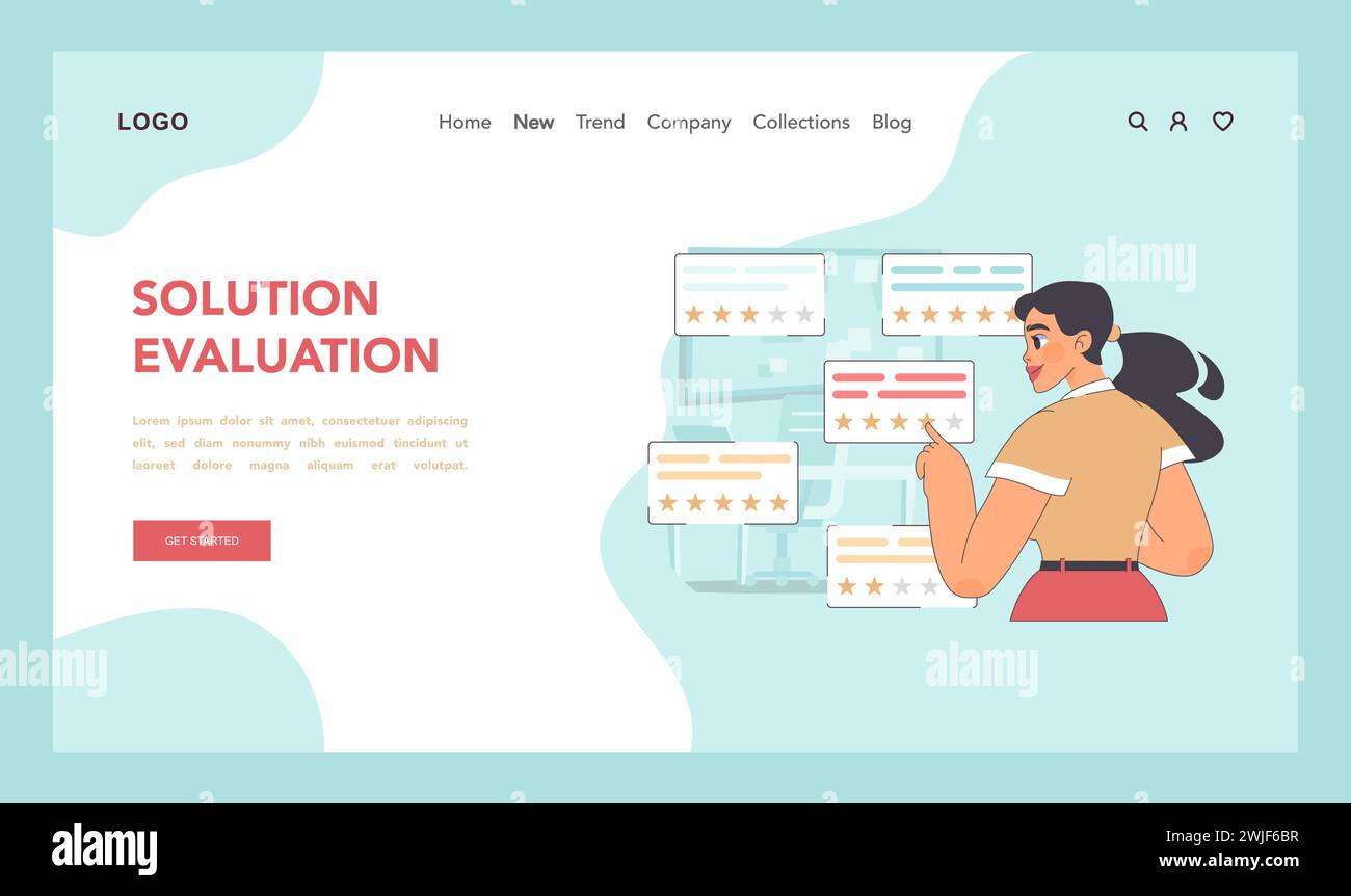 Concetto di valutazione della soluzione. Donna che osserva le proposte sui problemi. Revisione critica e valutazione delle strategie proposte. Valutazione analitica nella risoluzione dei problemi. Illustrazione vettoriale piatta Illustrazione Vettoriale