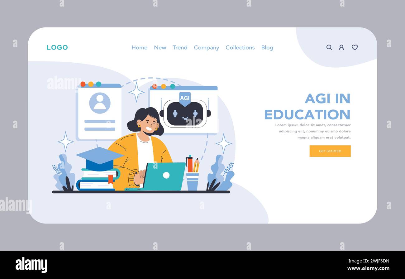 Pagina Web o pagina di destinazione AGI. Migliorare le funzioni cognitive e il processo decisionale con l'intelligenza artificiale. Elevare il potenziale umano attraverso la tecnologia. Illustrazione vettoriale piatta. Illustrazione Vettoriale
