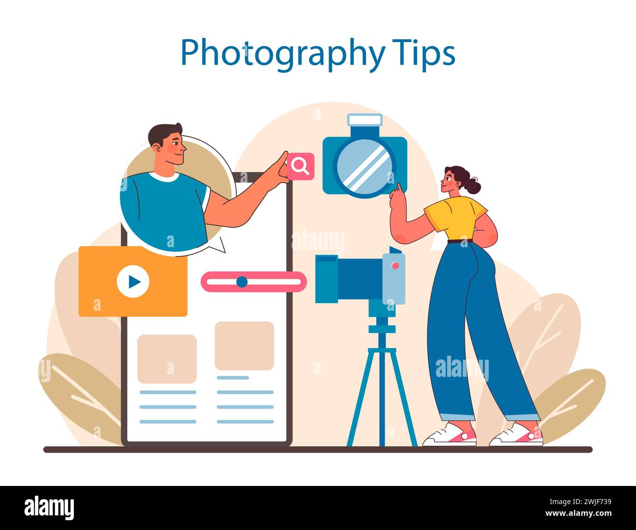 Concetto di fotografia creativa. Migliorare la narrazione visiva attraverso le tecniche e la composizione della fotocamera. Condivisione delle competenze in materia di immagini digitali. Illustrazione vettoriale piatta. Illustrazione Vettoriale