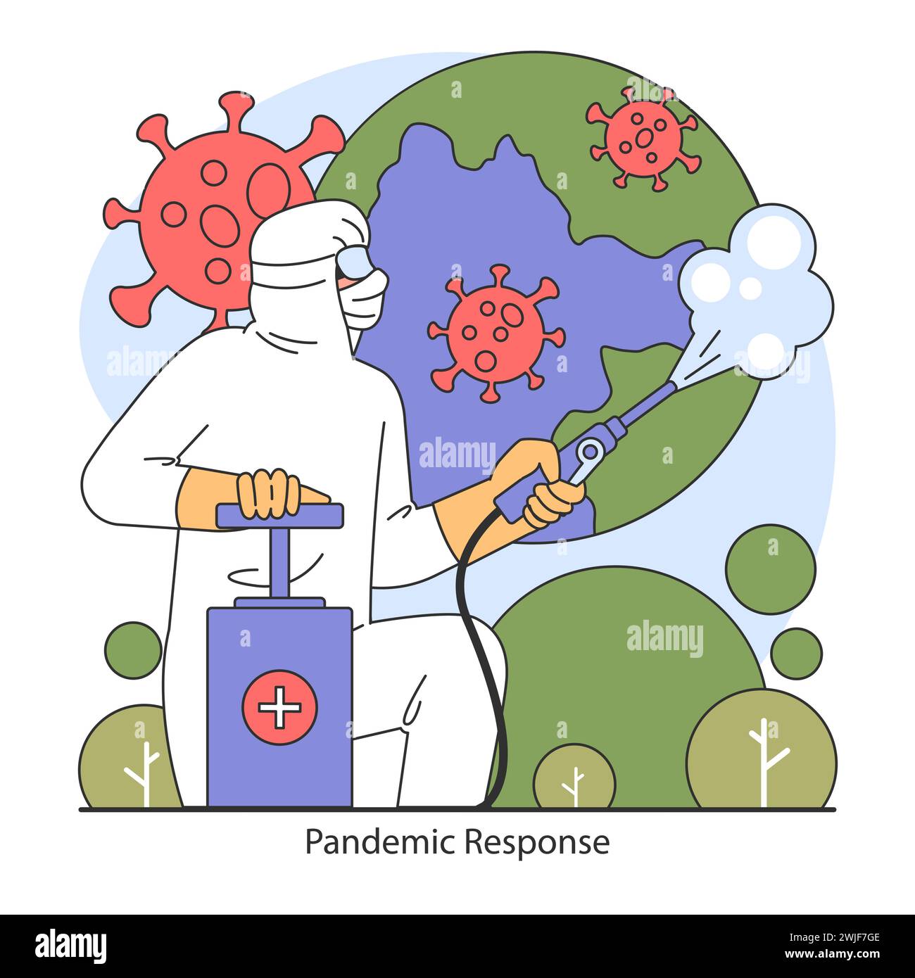 Concetto di risposta alle pandemie. Operatore sanitario dedicato che sanitizza il globo, simboleggiando gli sforzi globali per combattere le malattie infettive. Vigilanza e tutela della salute pubblica. Illustrazione vettoriale piatta. Illustrazione Vettoriale