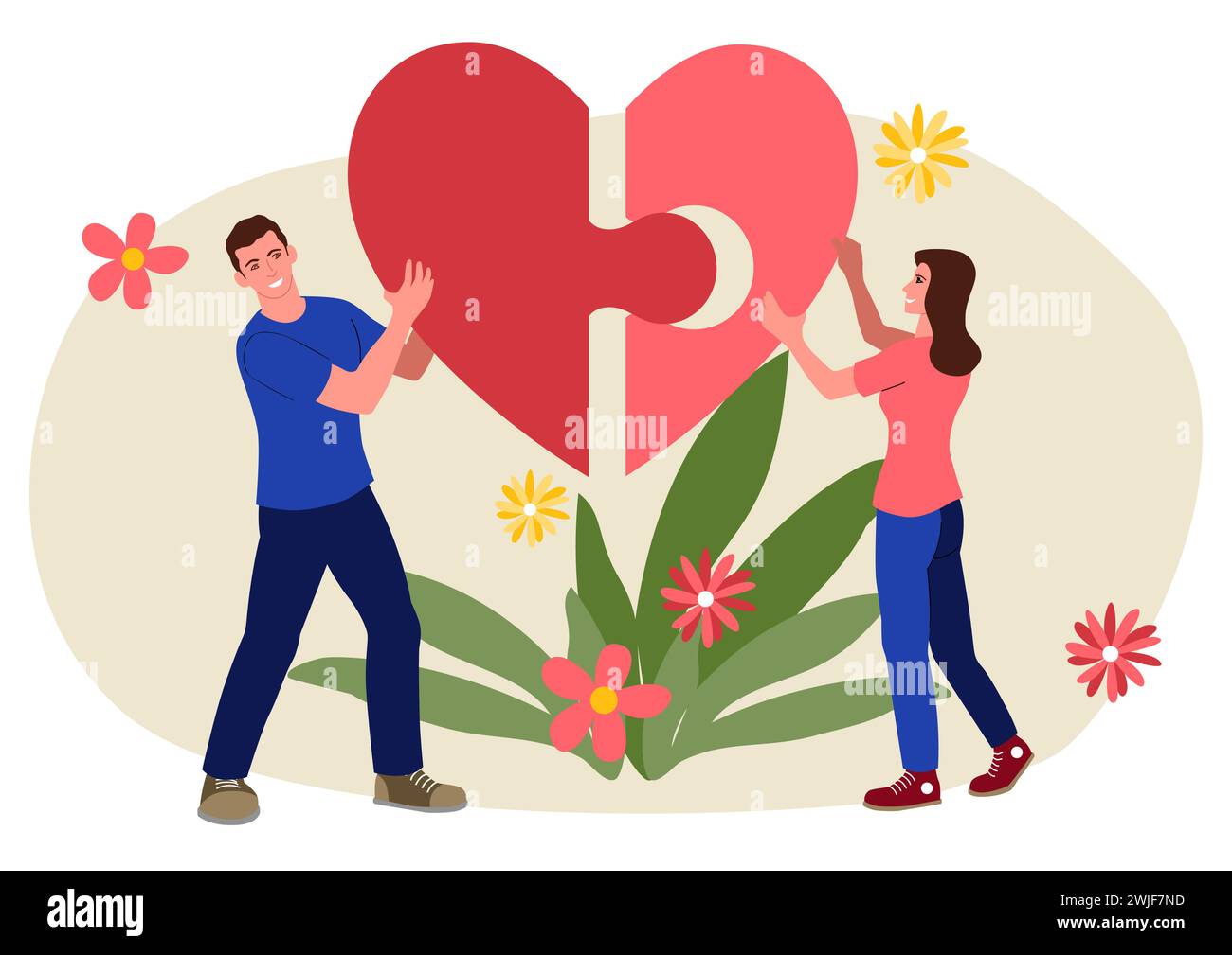 Clip art di una giovane coppia ha messo insieme un puzzle che forma un cuore, concetto di comunicazione, semplice illustrazione vettoriale piatta Illustrazione Vettoriale