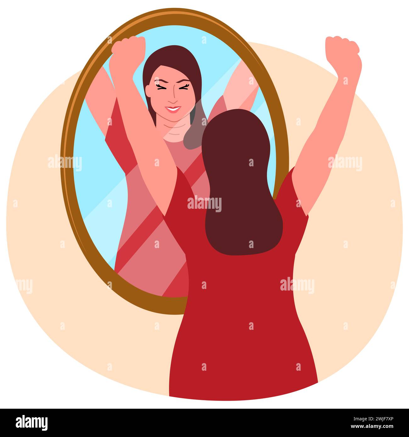 Clip art di una giovane donna felice e sovrappeso che guarda allo specchio, amore per sé, corpo positivo e accettazione, concetto sicuro di sé, illustrazione vettoriale Illustrazione Vettoriale