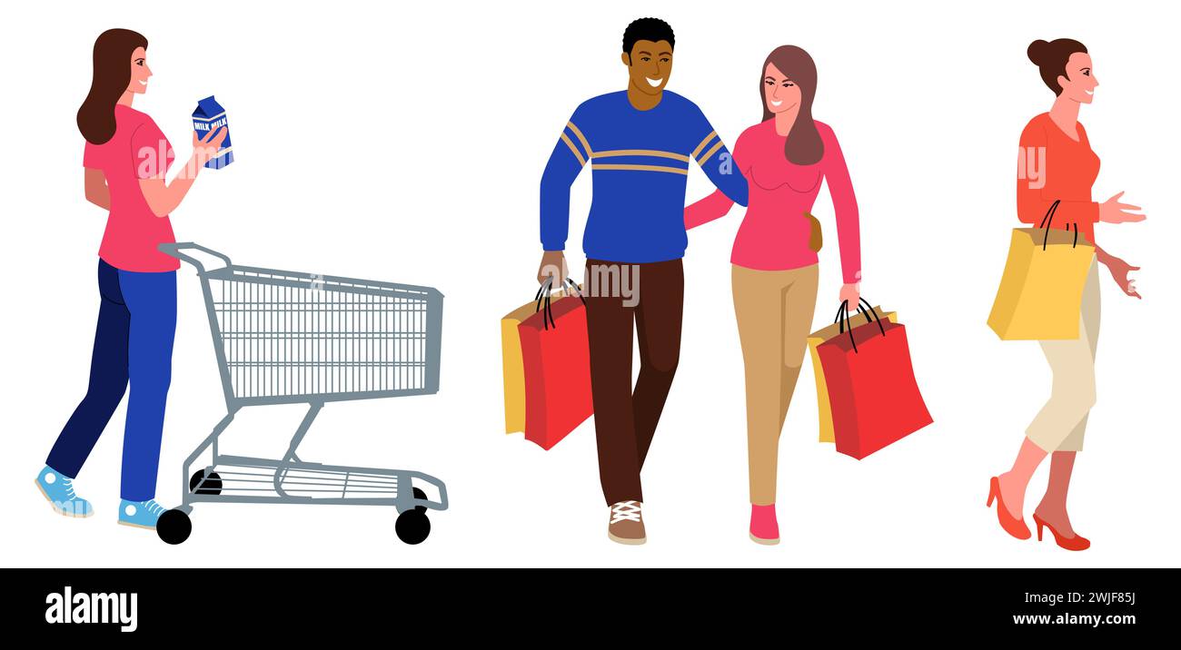 Clipart di persone che svolgono varie attività di shopping, illustrazione vettoriale Illustrazione Vettoriale