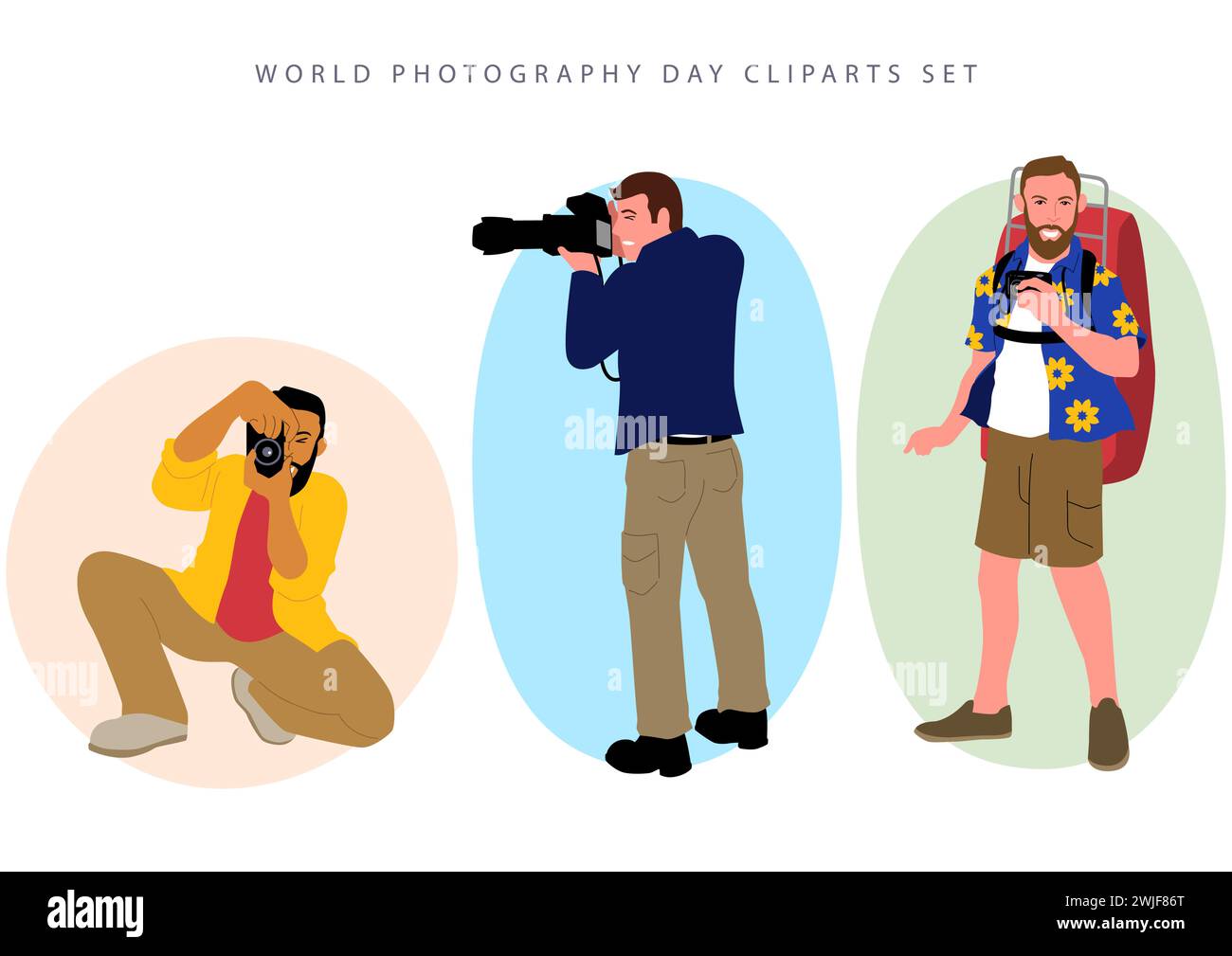 Le persone utilizzano diversi tipi di fotocamere in diverse occasioni, set clipart per la giornata Mondiale della Fotografia, illustrazione vettoriale delle professioni Illustrazione Vettoriale
