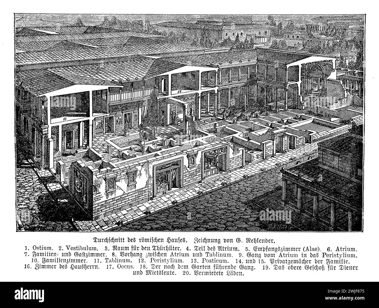 Dettagli architettonici: Sezione di un'antica casa di famiglia romana in cemento romano con colonnato e ambiente libero, illustrazione ottocentesca Foto Stock