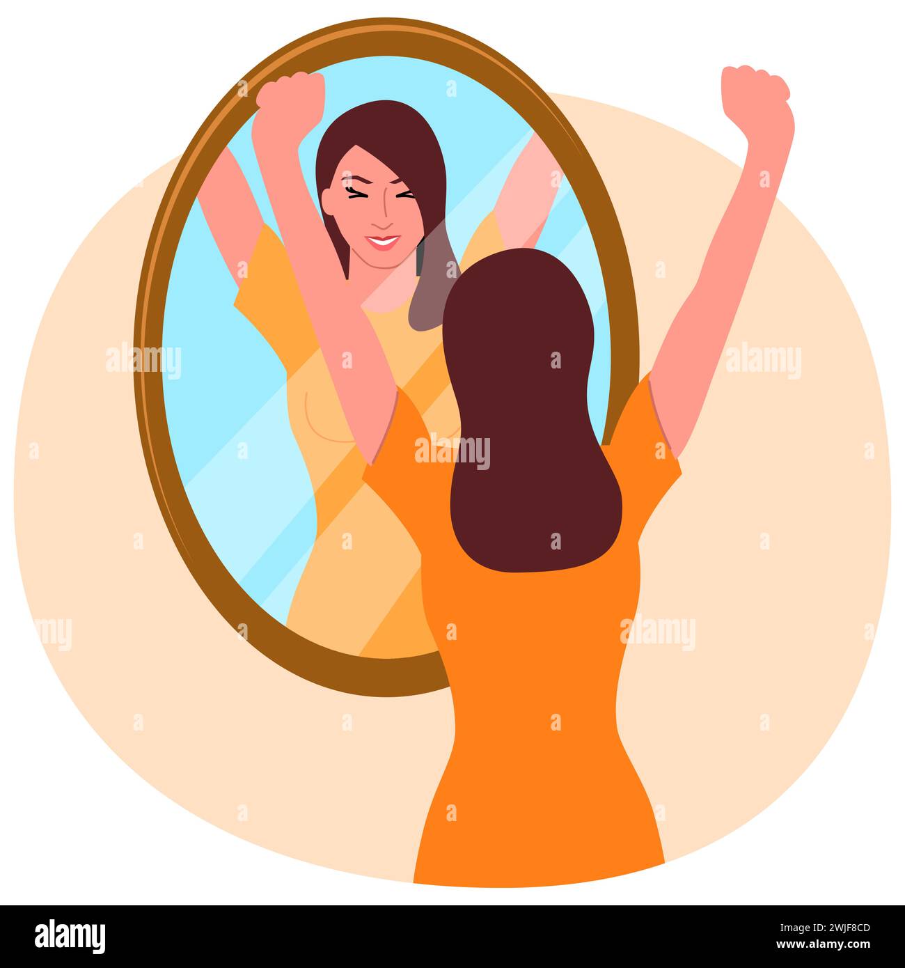 Clip art di una giovane donna felice che guarda allo specchio, amore di sé, manifestazione, concetto sicuro di sé, illustrazione vettoriale Illustrazione Vettoriale