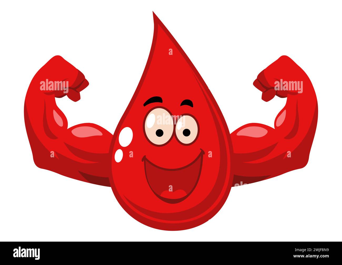 Divertente personaggio cartoni animati di gocce di sangue con mani muscolari, illustrazione vettoriale Illustrazione Vettoriale