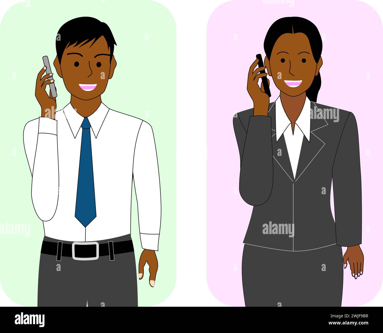Gente nera con un cellulare, sfondo bianco. Illustrazione Vettoriale
