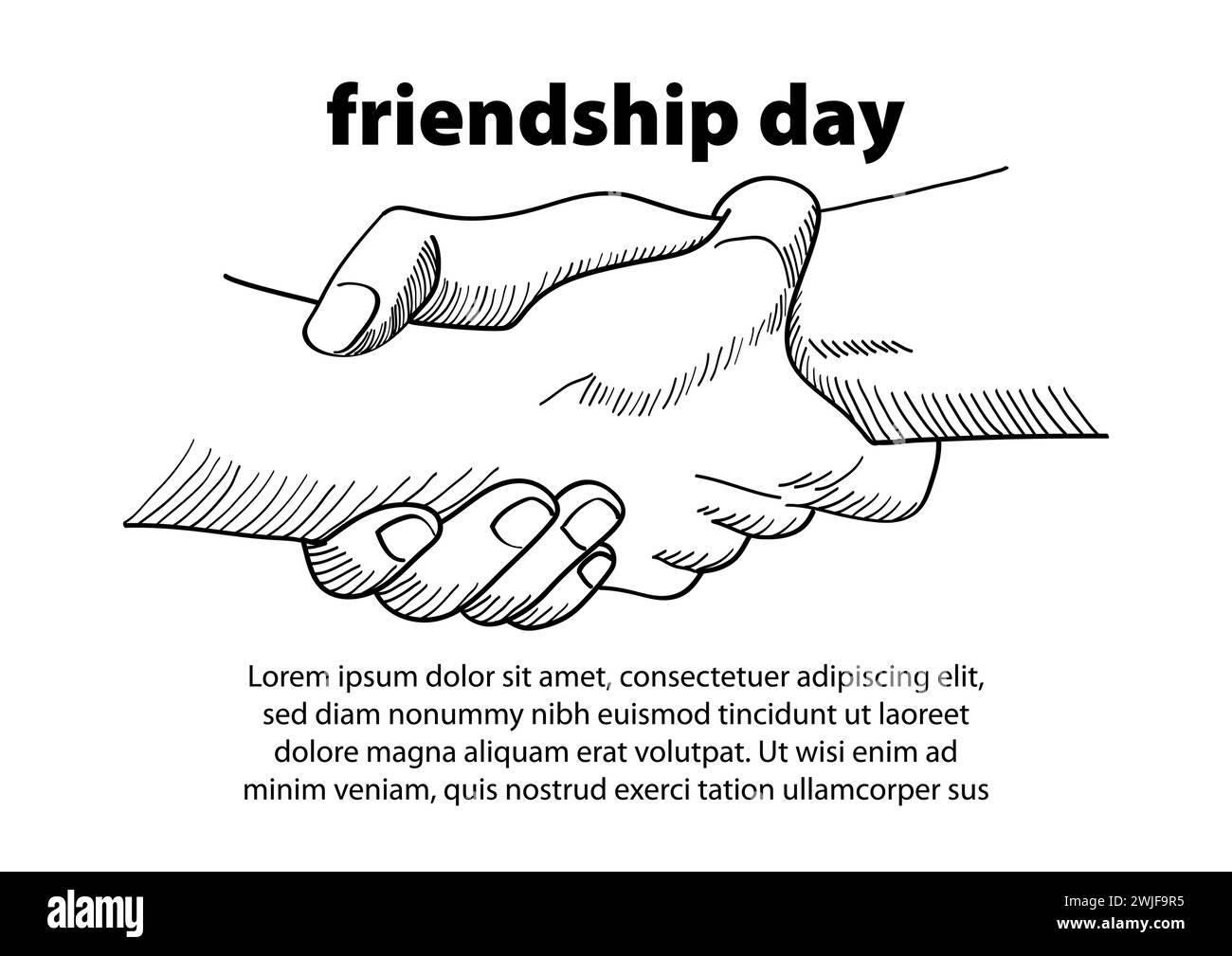 Semplice line art di due mani che si tengono saldamente l'una con l'altra, giorno dell'amicizia, illustrazione vettoriale Illustrazione Vettoriale