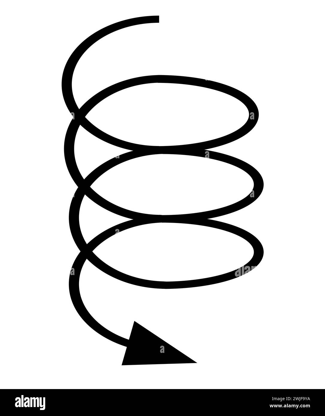 Una freccia nera che si sposta verso il basso e fuori controllo isolata su uno sfondo bianco Foto Stock