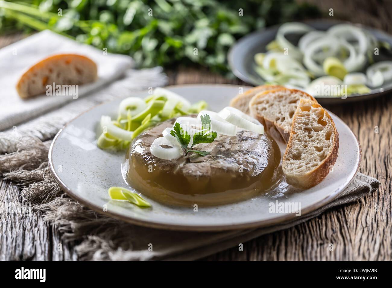 Aspic di maiale fatto in casa, gelatina di carne con cipolla e porro in un piatto bianco. Foto Stock