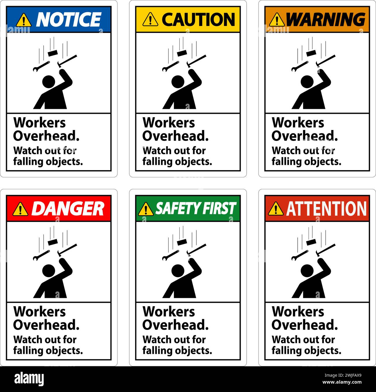 Segnale di avvertenza caduta di detriti, lavoratori in caduta di oggetti Illustrazione Vettoriale