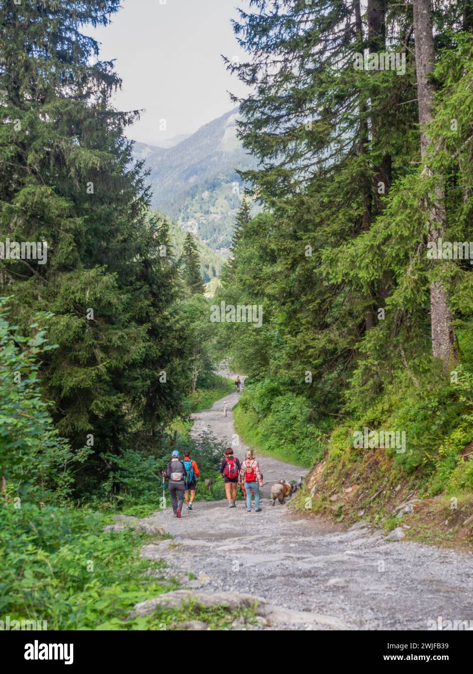 21.08.2016 Les Contamine-Montjoie, alta Savoia, Francia. Escursionisti e corridori del Tour du Mont Blanc sopra Les Contamine Foto Stock