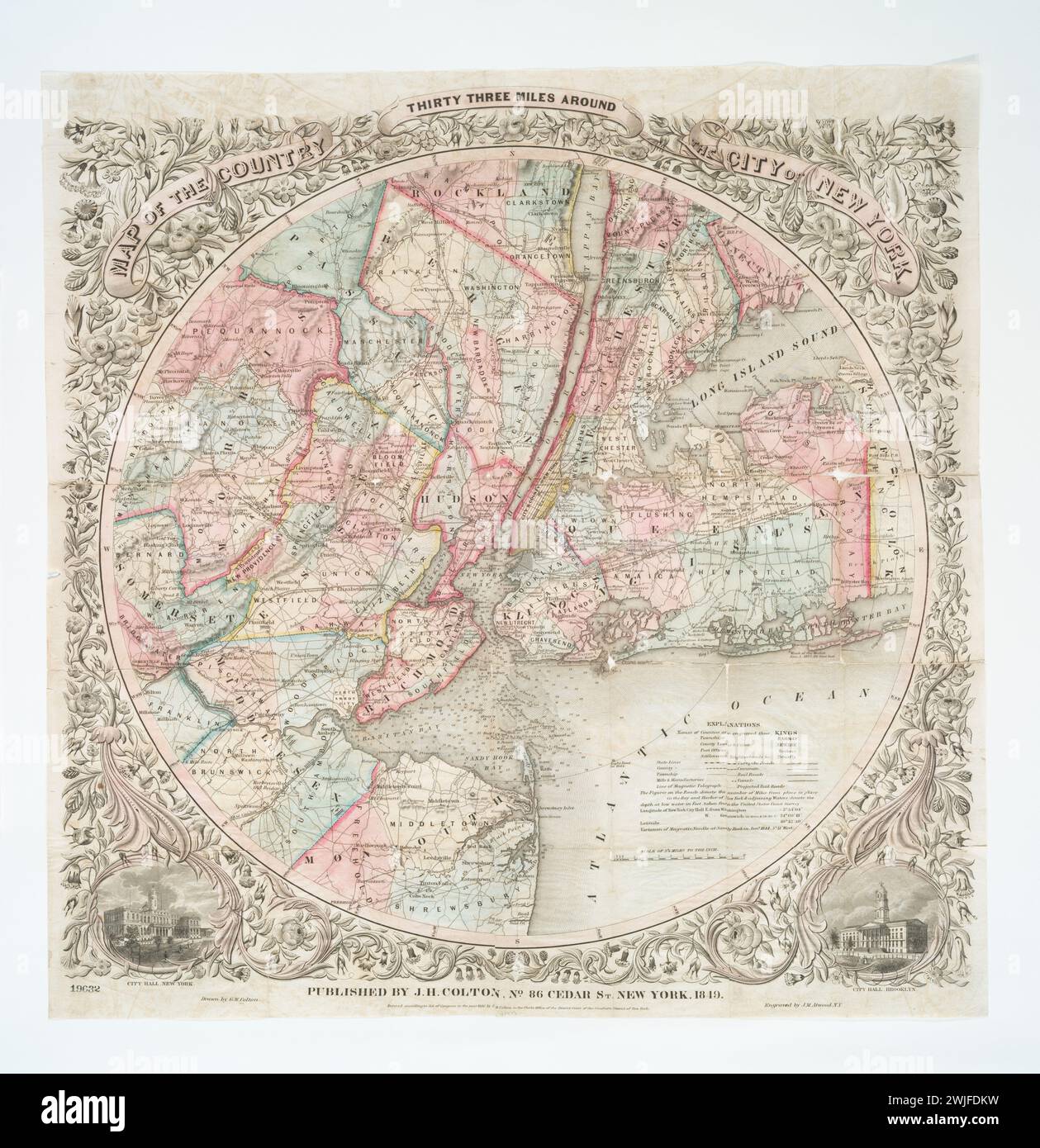 Mappa vintage Colton: New York City. Titolo: Mappa del paese trentatré miglia intorno alla città di New York / disegnata da G.W. Colton ; incisa da J.M. Atwood, N.Y.; Maps of New York City and State / New York City / Whole 1849 pubblicato da J.H. Colton Foto Stock
