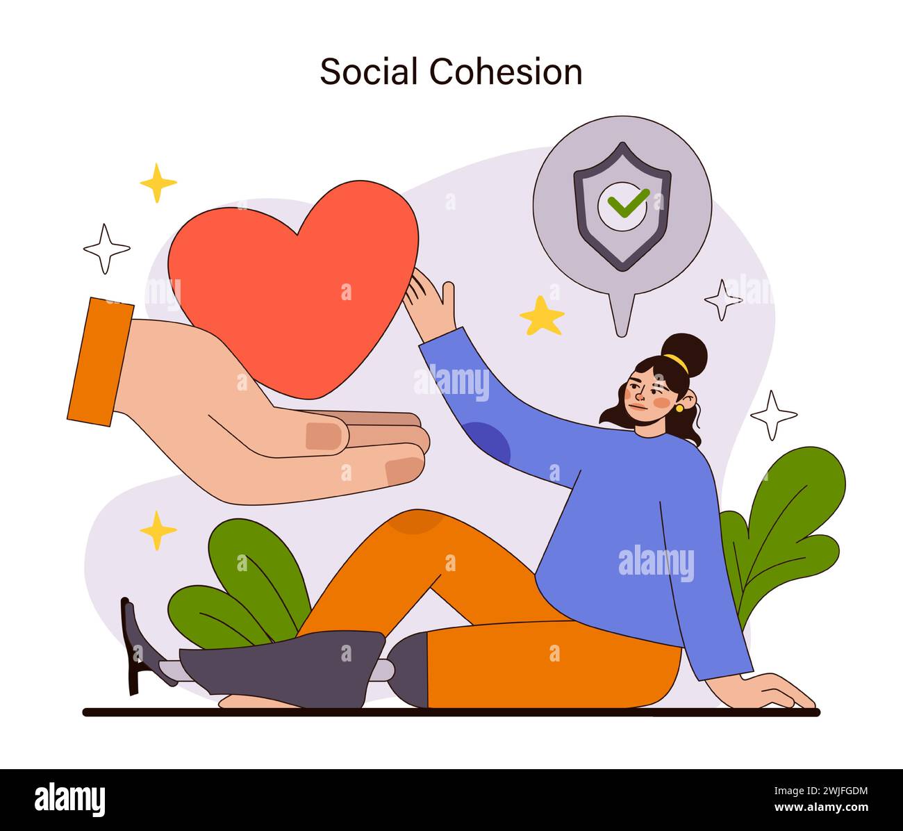 Concetto di coesione sociale. Una mano nutriente offre un cuore, simboleggiando il sostegno e la fiducia della comunità. Illustrazione dell'assistenza collettiva e dei legami che uniscono la società. Illustrazione vettoriale piatta. Illustrazione Vettoriale