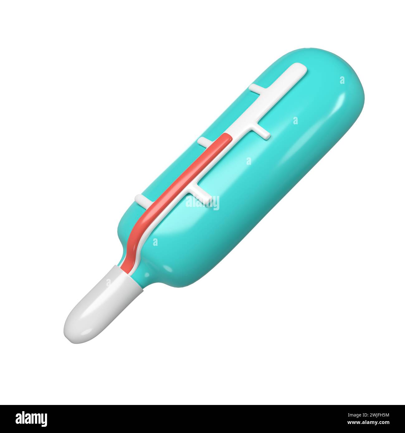 icona del termometro a mercurio medicale 3d. Rappresentazione dello strumento diagnostico medico per la misurazione della temperatura nel colore turchese. Carino carrello Foto Stock