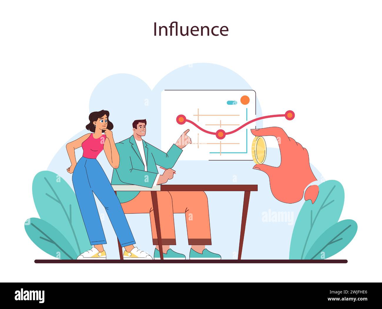Concetto di influenza. I membri del team esaminano le tendenze e valutano l'impatto delle decisioni, simboleggiando il potere dell'influenza strategica nel business. Illustrazione vettoriale piatta. Illustrazione Vettoriale