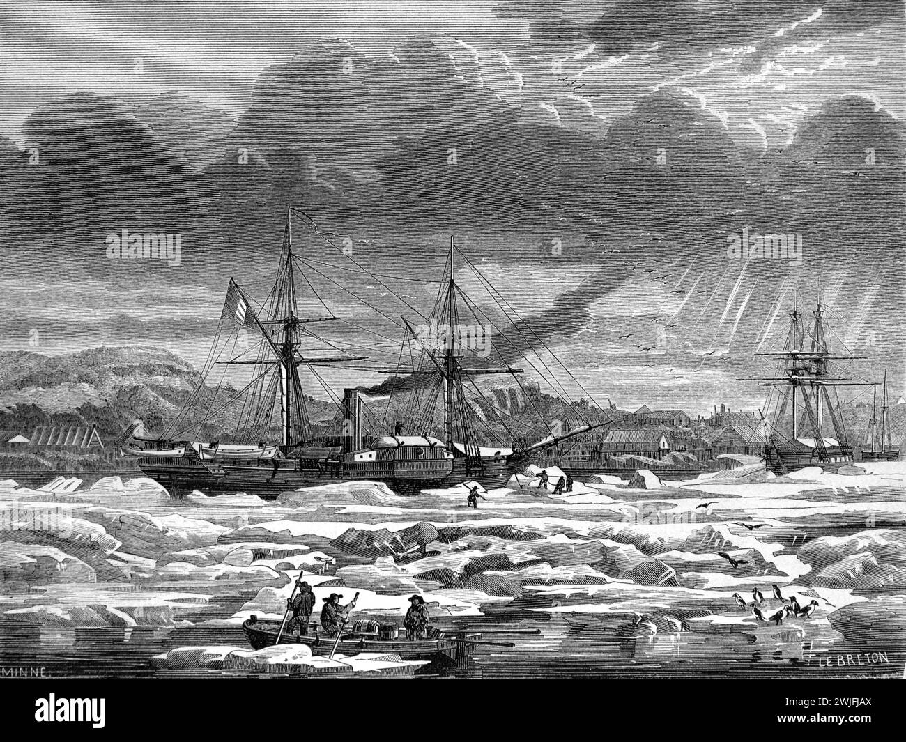 Navi di legno alte e piroscafo bloccate da flussi di ghiaccio e Iceberg nella Baia di Quirpon, o Kirpon, Isola di Quirpon sulla Great Northern Peninsula di Terranova e Labrador Canada. Incisione vintage o storica o illustrazione 1863 Foto Stock