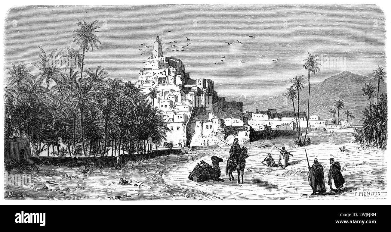 Veduta anticipata di Metlili nella provincia di Ghardaia in Algeria. Incisione vintage o storica o illustrazione 1863 Foto Stock