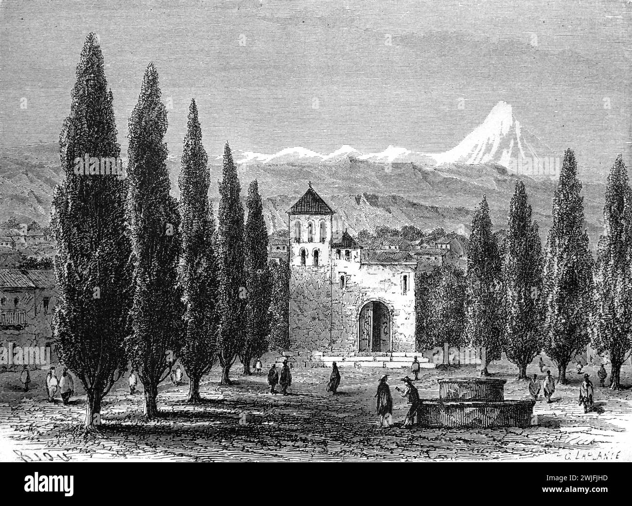 Chiesa, probabilmente Iglesia del Senor de Torrechayoc, o Chiesa di Lord Torrechayoc, e viale di Pioppo, Urubamba, distretto di Cusco, Perù. Incisione vintage o storica o illustrazione 1863 Foto Stock