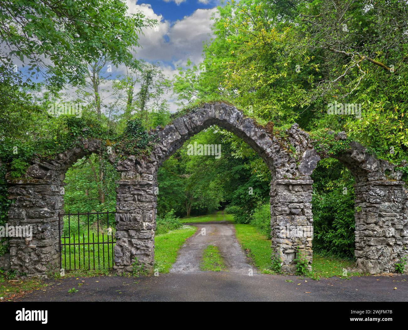 La porta rustica, costruita nel 1860 all'ingresso del castello di Kilronan del XIX secolo nella contea di Roscommon, Irlanda; nota anche come "The Scabby Gates" Foto Stock
