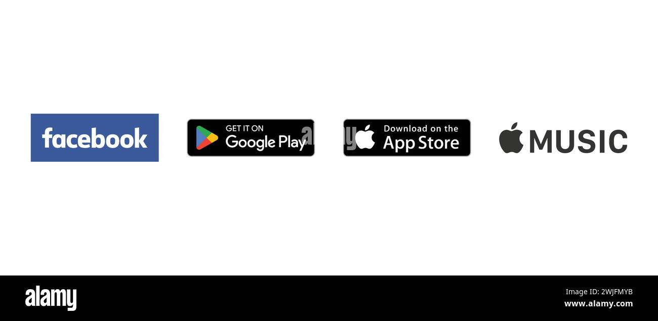 Badge Google Play , marchio Facebook 2005-2015, Apple Music, Download su App Store. Illustrazione vettoriale, logo editoriale. Illustrazione Vettoriale