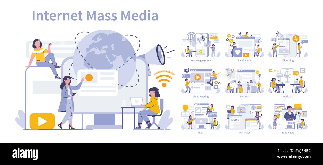 Internet Mass Media Set. Diverse piattaforme di comunicazione online e distribuzione di contenuti digitali. Connettività globale e scambio di informazioni. Illustrazione vettoriale. Illustrazione Vettoriale