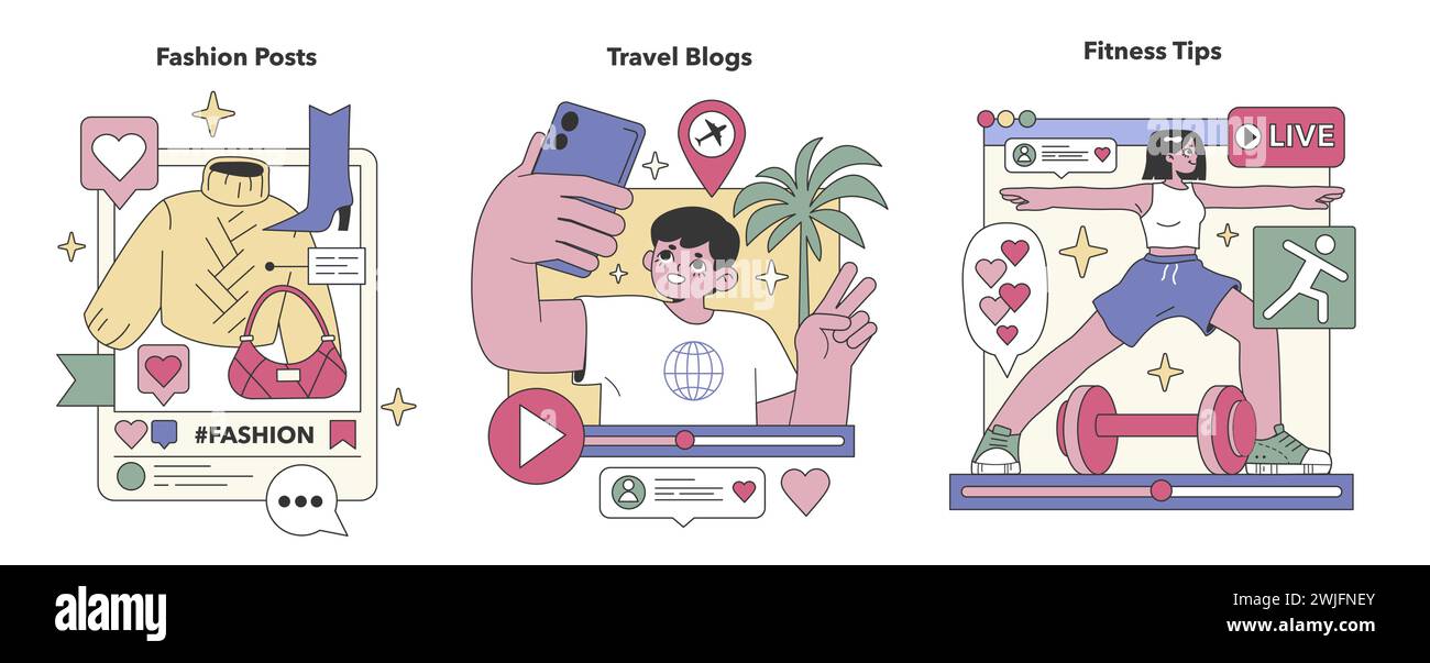 Set di contenuti per social media. Moda all'avanguardia, destinazioni di viaggio esotiche, routine di fitness dinamiche. Cura dello stile, condivisione dell'avventura, ispirazione per la salute. Illustrazione vettoriale piatta Illustrazione Vettoriale