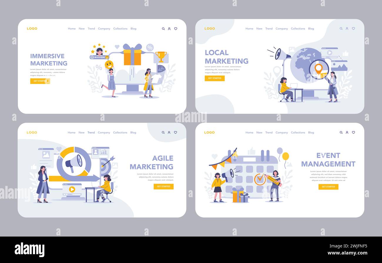 Approcci strategici nel marketing Web o nella landing page. Con marketing immersivo, marketing locale, marketing agile e gestione degli eventi. Illustrazione vettoriale. Illustrazione Vettoriale