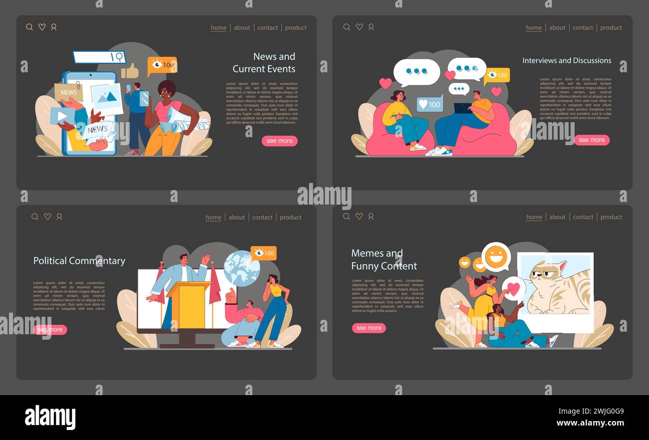 Set completo di contenuti per social media. Aggiornamenti tempestivi sulle notizie, discussioni approfondite e memi satirici. Approfondimenti su eventi, conversazioni e umorismo attuali online. Illustrazione vettoriale piatta. Illustrazione Vettoriale