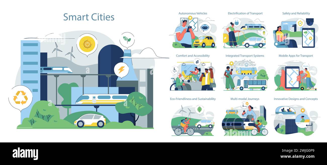 Impostazione dei metodi di trasporto urbano. Diverse opzioni di mobilità nella vita cittadina. Integrazione di veicoli ecologici e di trasporti pubblici. Navigazione tra i progressi tecnologici. Illustrazione Vettoriale