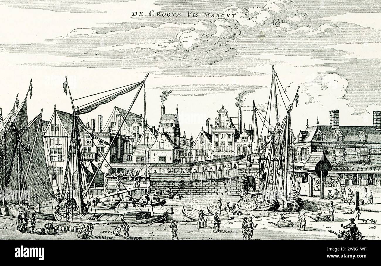 Qui è mostrato un mercato del pesce ad Amsterdam a metà degli anni '1500 L'incisione è di Jan van Meurs, un tipografo fiammingo che visse negli anni '1600 Foto Stock