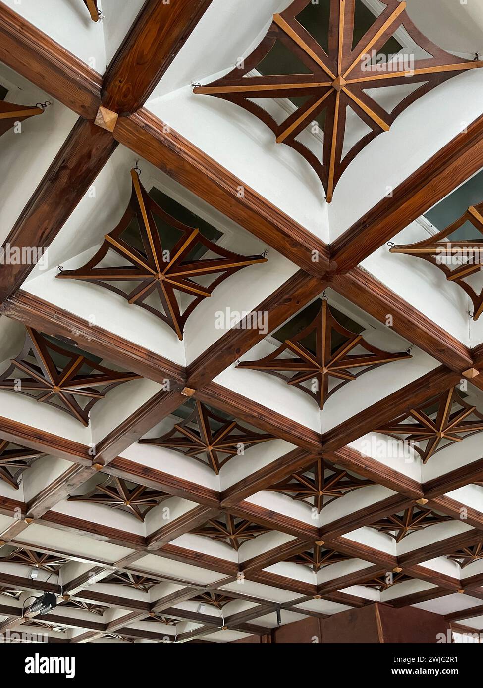 Un soffitto in legno splendidamente lavorato e riccamente decorato dipinto di marrone. Foto Stock
