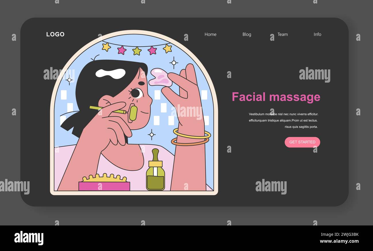 Illustrazione degli elementi essenziali per il massaggio facciale. Una guida visiva dettagliata per la cura di sé del viso con strumenti e oli di bellezza, che racchiudono un'esperienza simile a una spa a casa. Illustrazione vettoriale piatta Illustrazione Vettoriale