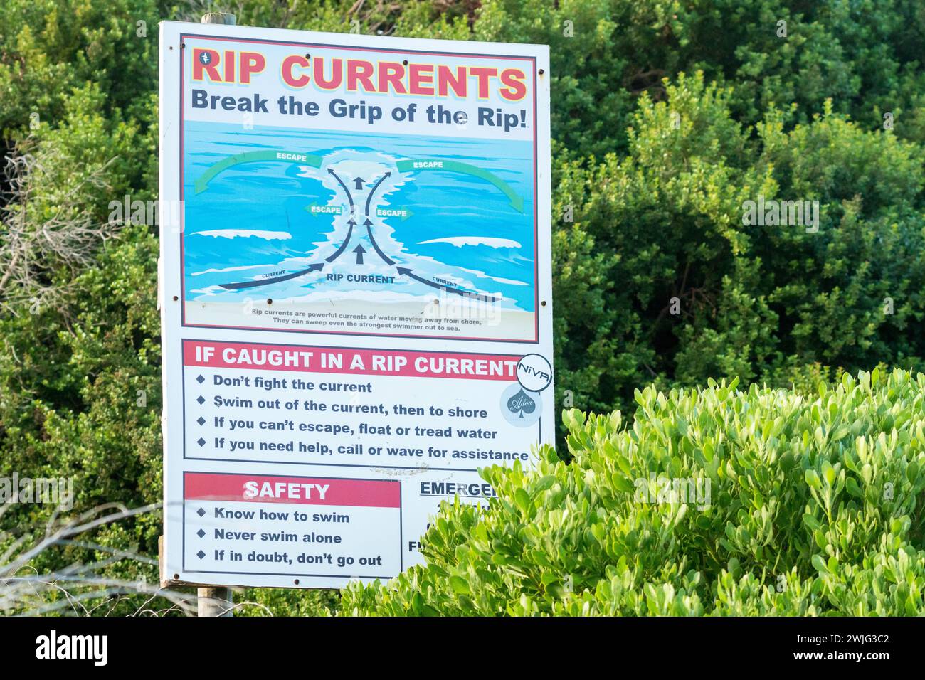 Cartello rip Currents, segnaletica che mostra la sicurezza, informazioni precauzionali come sensibilizzazione del pubblico per il mare, le maree oceaniche in una spiaggia, Capo Occidentale, Sud Africa Foto Stock