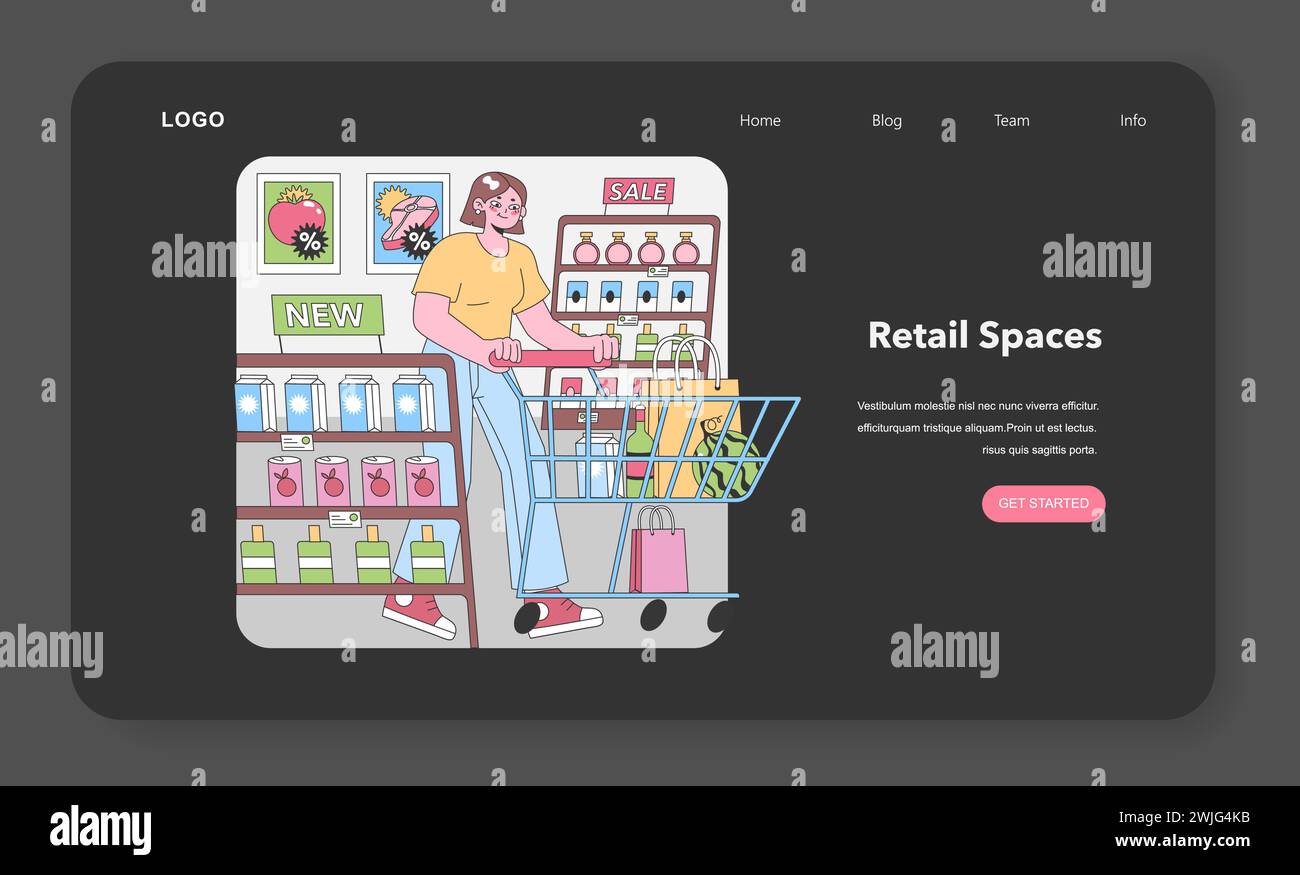 Supermercato Savvy Shopper. Una donna riempie il suo carrello in un corridoio pieno di promozioni, dai prodotti freschi alle delizie in bottiglia. Drogheria, risparmi abbondano. Illustrazione vettoriale piatta Illustrazione Vettoriale