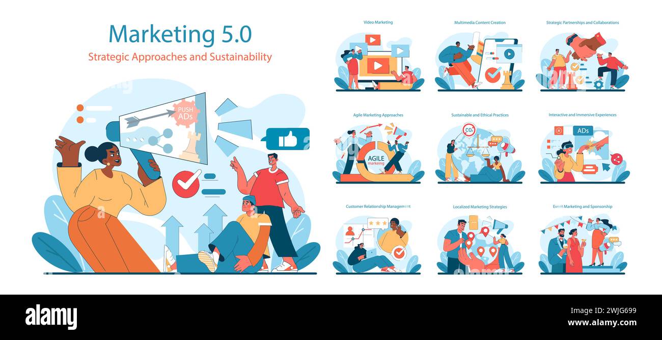 Set marketing 5,0. Strategie moderne per la pubblicità digitale, la creazione di contenuti e il coinvolgimento dei clienti. Collaborazione di team diversificata per una crescita sostenibile. Illustrazione vettoriale. Illustrazione Vettoriale