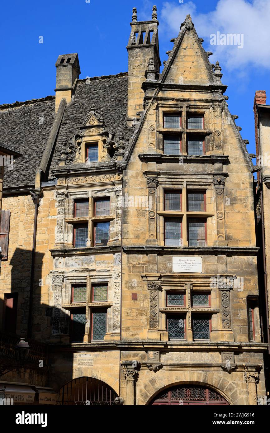 La casa di la Boétie costruita tra il 1520 e il 1525 a Sarlat nel Périgord Noir. Lo scrittore umanista, poeta e giurista francese Étienne de la Boétie, frien Foto Stock