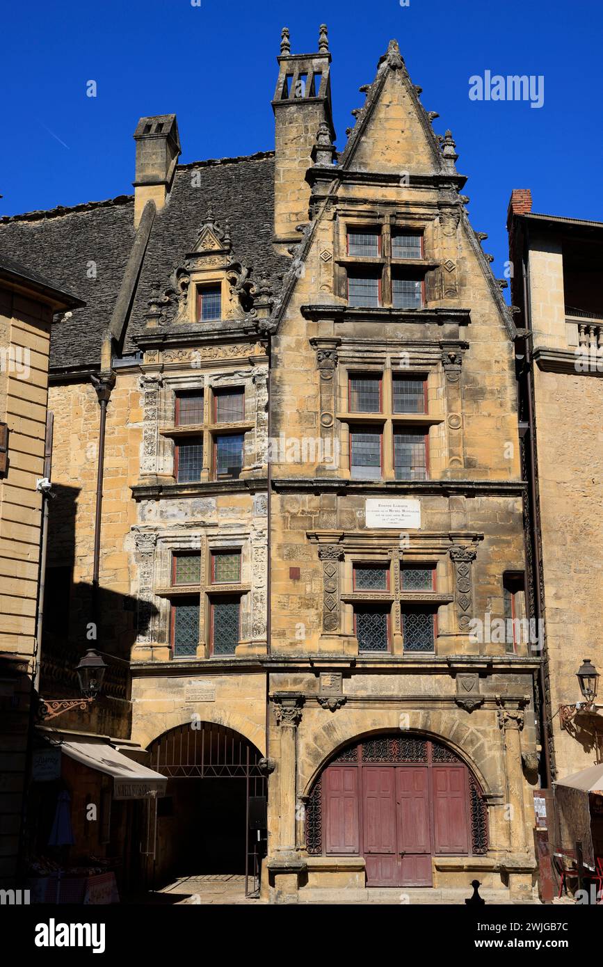 La casa di la Boétie costruita tra il 1520 e il 1525 a Sarlat nel Périgord Noir. Lo scrittore umanista, poeta e giurista francese Étienne de la Boétie, frien Foto Stock