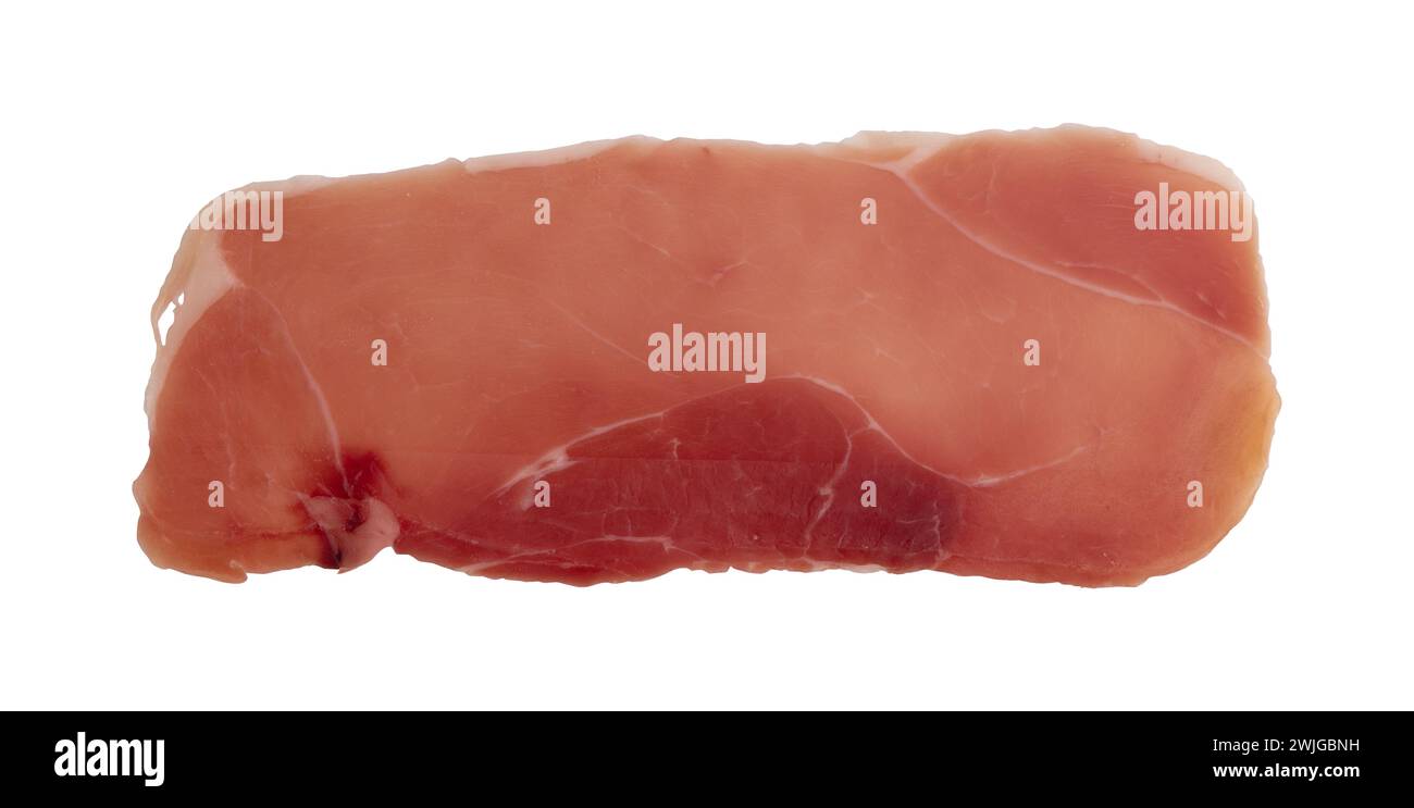 jamon, prosciutto isolato sul bianco con percorso di ritaglio, salumi secchi o fette di prosciutto vista dall'alto Foto Stock
